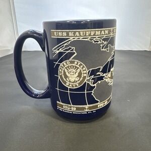 Vintage 1996 USS Kauffman Coffee Mug Navy Blue 5" T 3.5" D US Navy RARE HTF